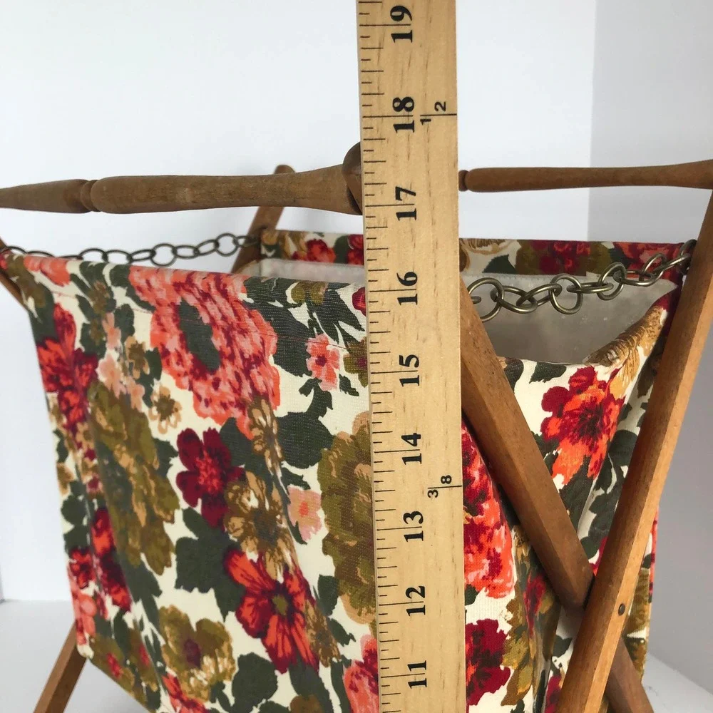 VTG Floral Tapestry Folding Knitting Yarn Basket Wooden Magazine Rack MCM Red EC